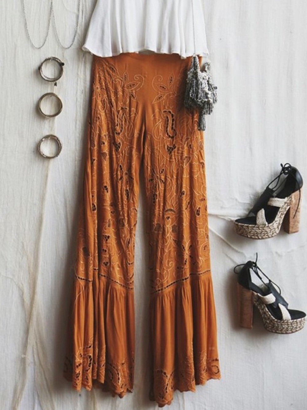 Free People RARE and HEAVENLY Bali Dewa Wide-Leg Crochet Trim Pants